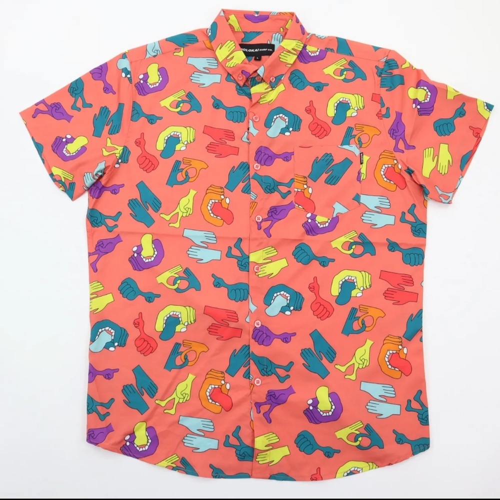 MOLOKAI Surf Co. Men’s All Over Hand Art Button Up Shirt Size Medium